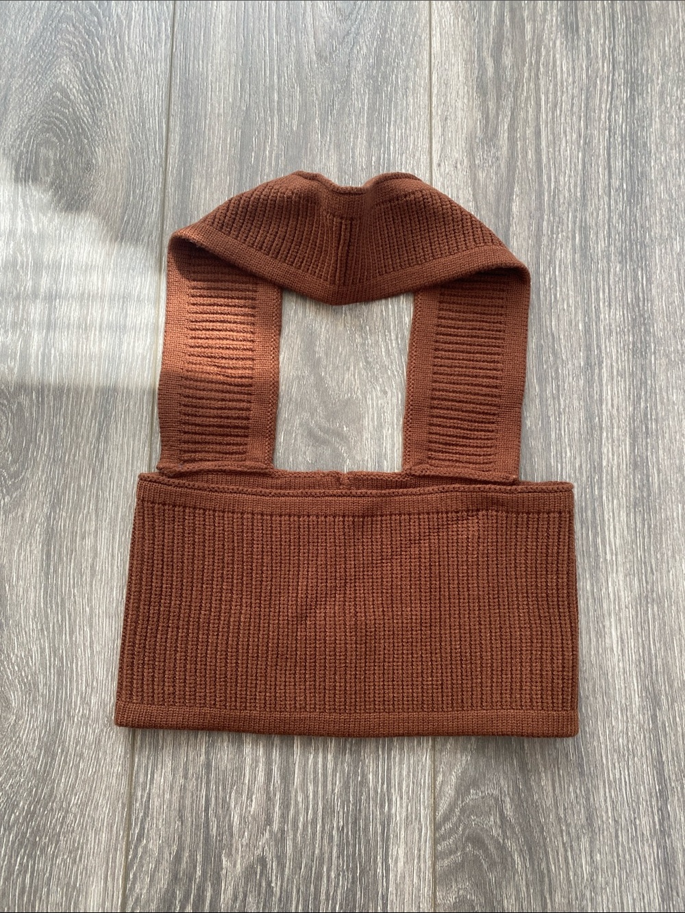 Chocolate Brown Ribbed Knit Bandeau Top with Neck Strap - Size S